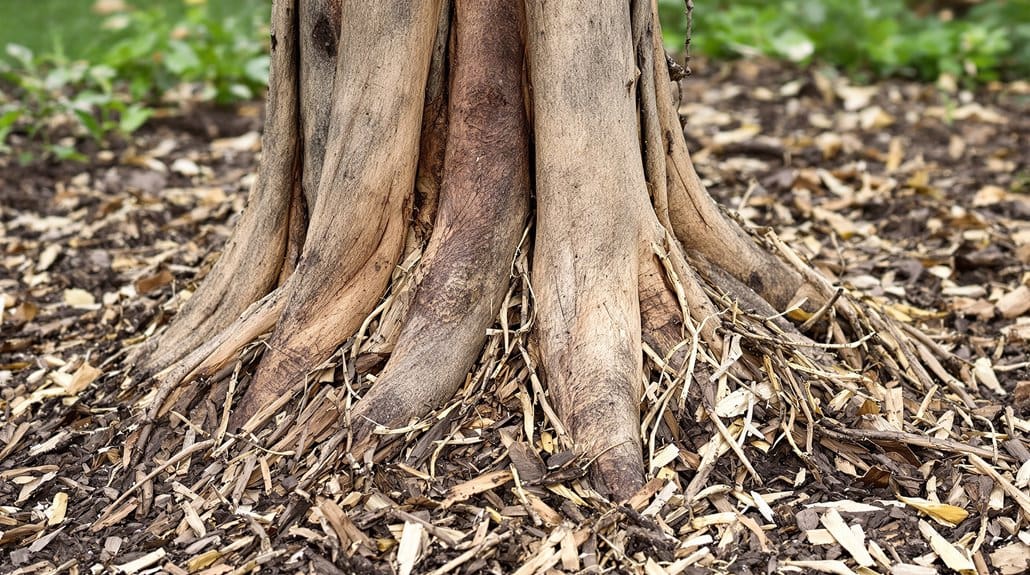 mulch piled against trunks
